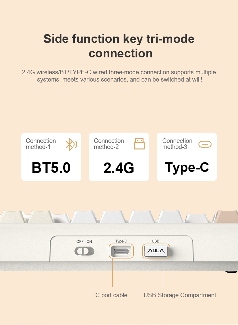 Kết nối Bluetooth, 2.4G và Type-C trên AULA F108 Pro