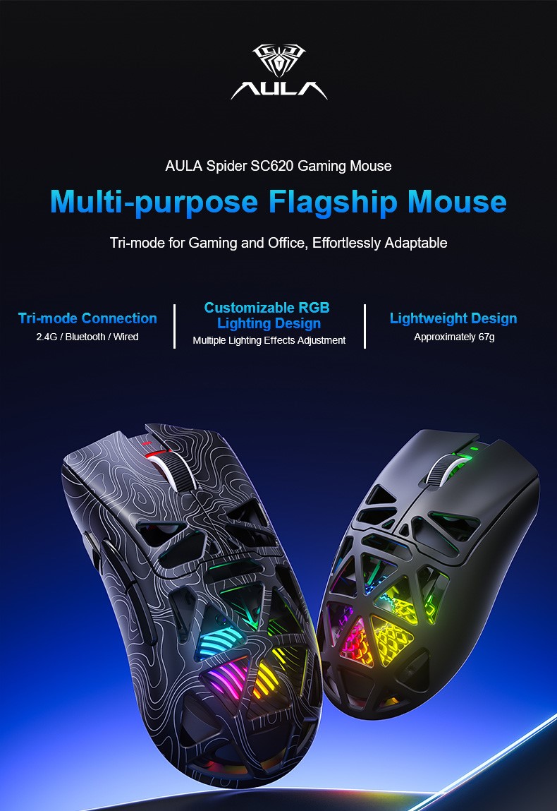 AULA SC620: chuột gaming không dây đa năng, 3 chế độ, khoảng 67g